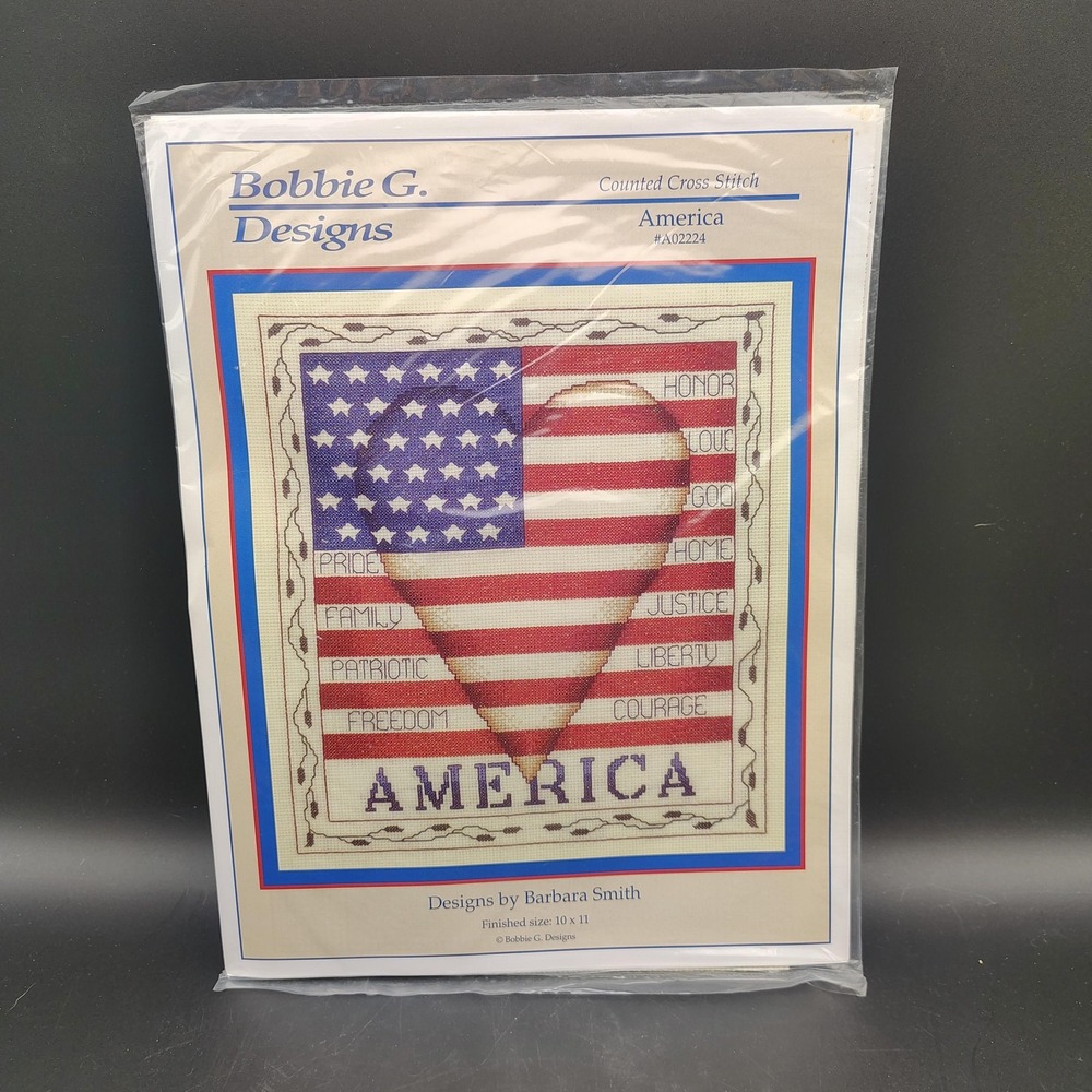 Bobbie G. Designs Framed Cross Stitch America Patriotic Red White Blue 10x11